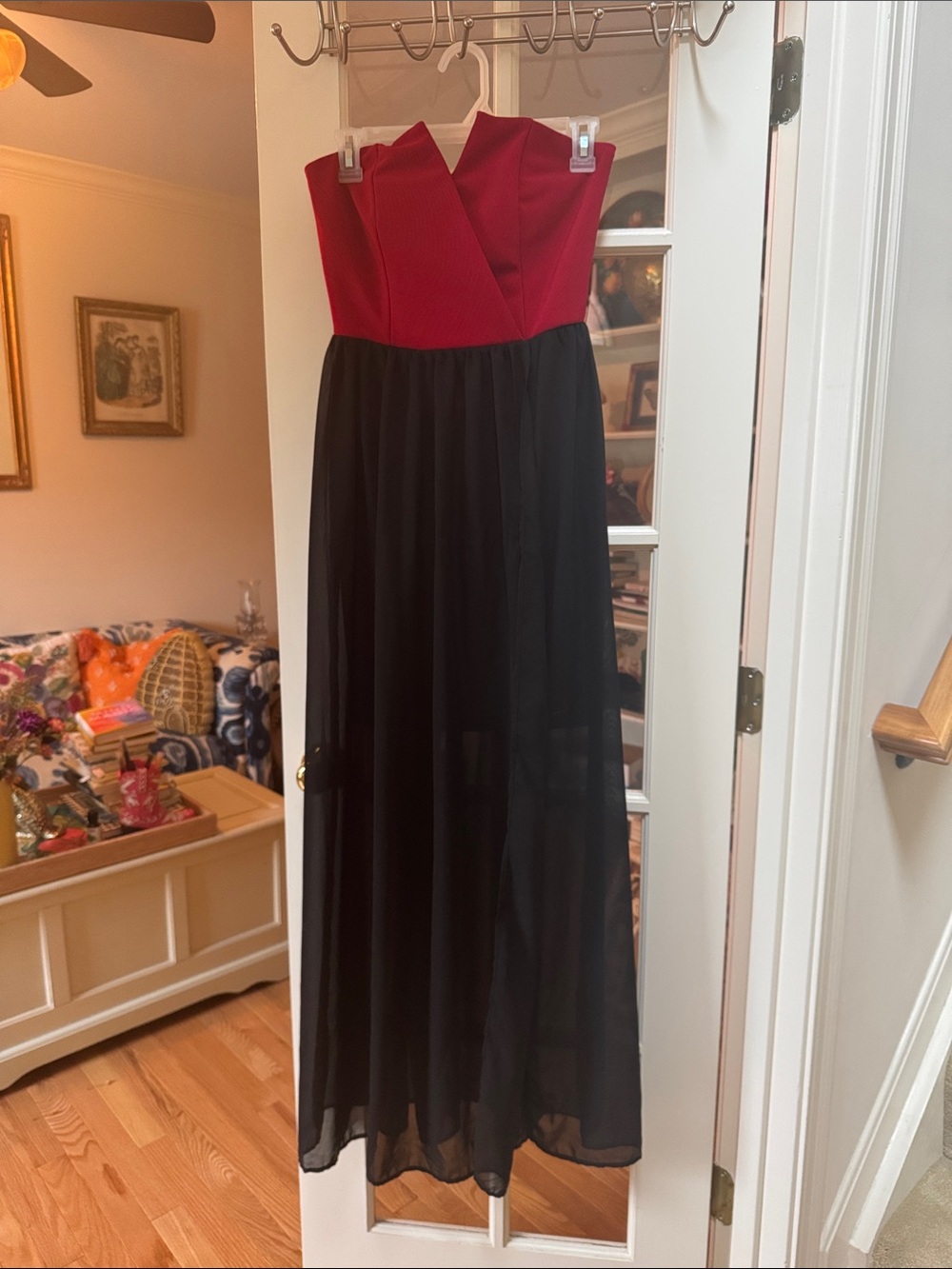 90’s Red Strapless Bodice Black Chiffon Maxi Dress